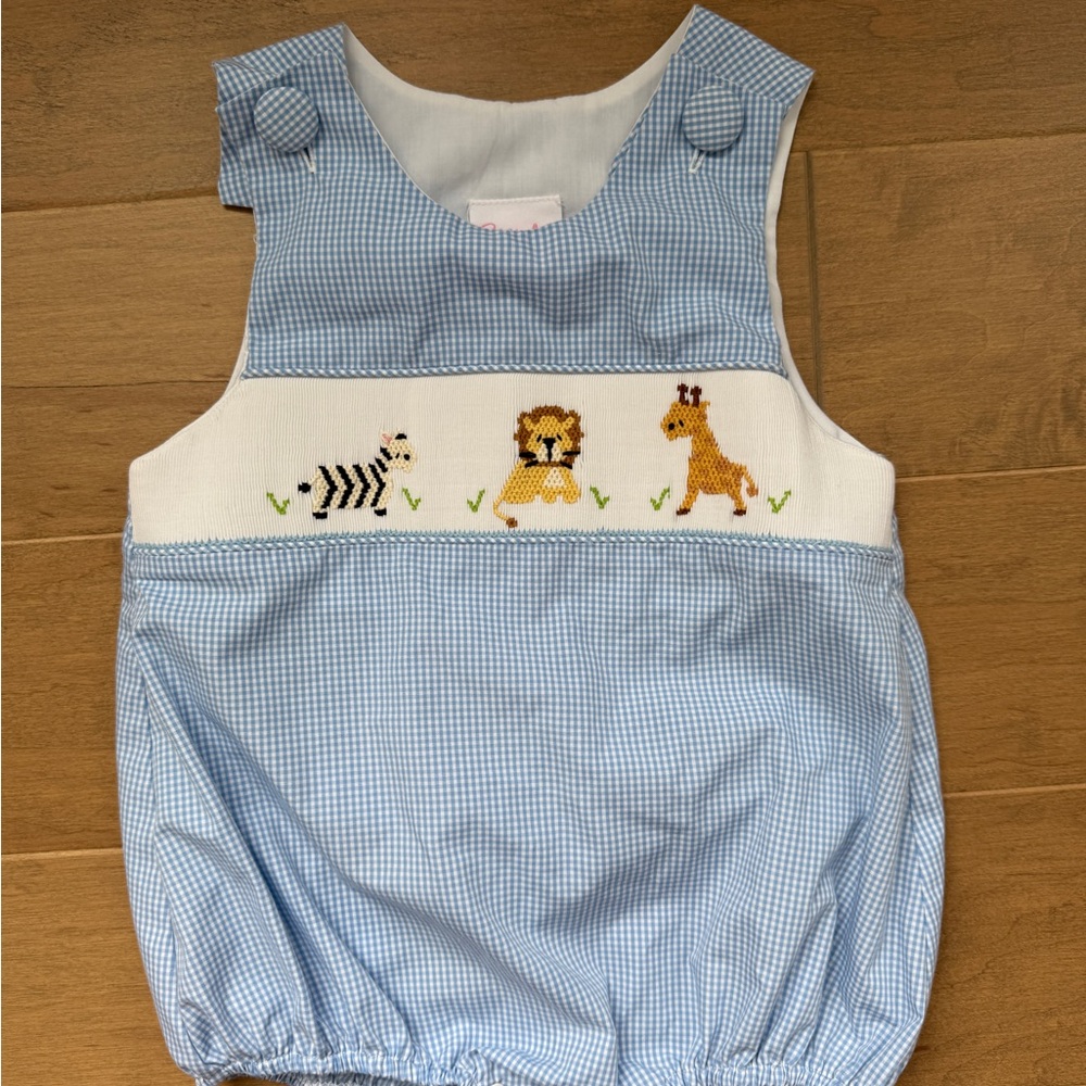 Stitchy Fish Gingham Kids Bubble with Smocked Animal Embroidery